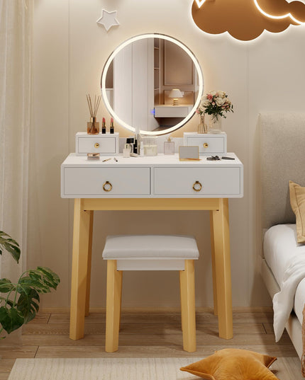 Vanity Desk with Lighted Mirror and Stool for Girls Bedroom