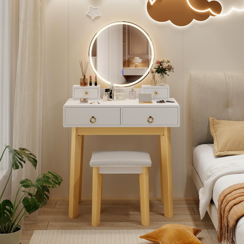 Vanity Desk with Lighted Mirror and Stool for Girls Bedroom