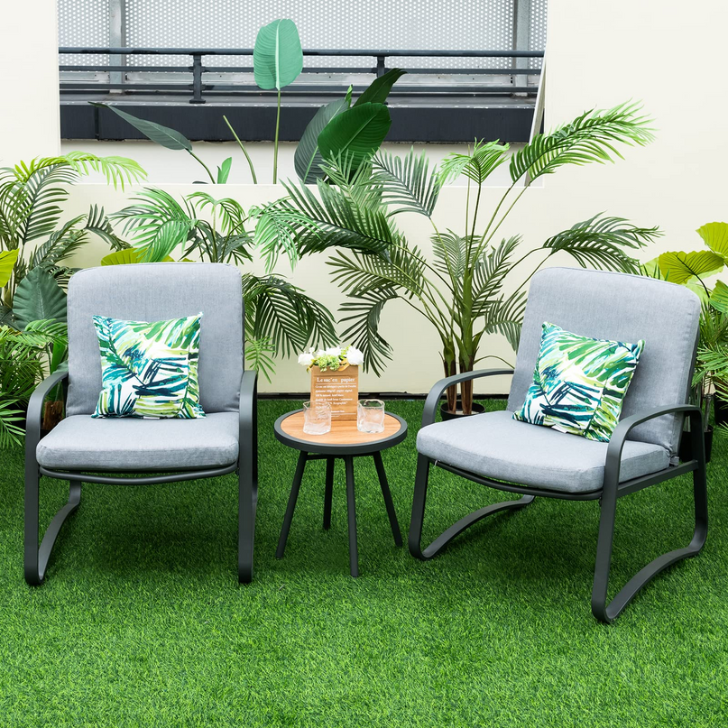 Giantex 3 Pcs Patio Bistro Set, Set of 2 Porch Chairs with Cushion & Lumbar Pillow (Gray)