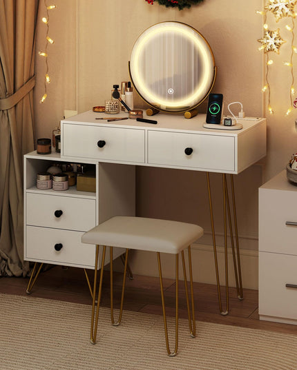 Coiffeuse avec miroir lumineux et station de charge pour chambre de fille