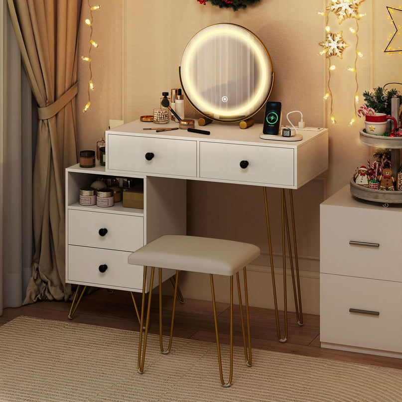 Coiffeuse avec miroir lumineux et station de charge pour chambre de fille