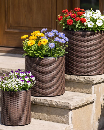 GIANTEX Set of 3 Rattan Round Flower Pot Set