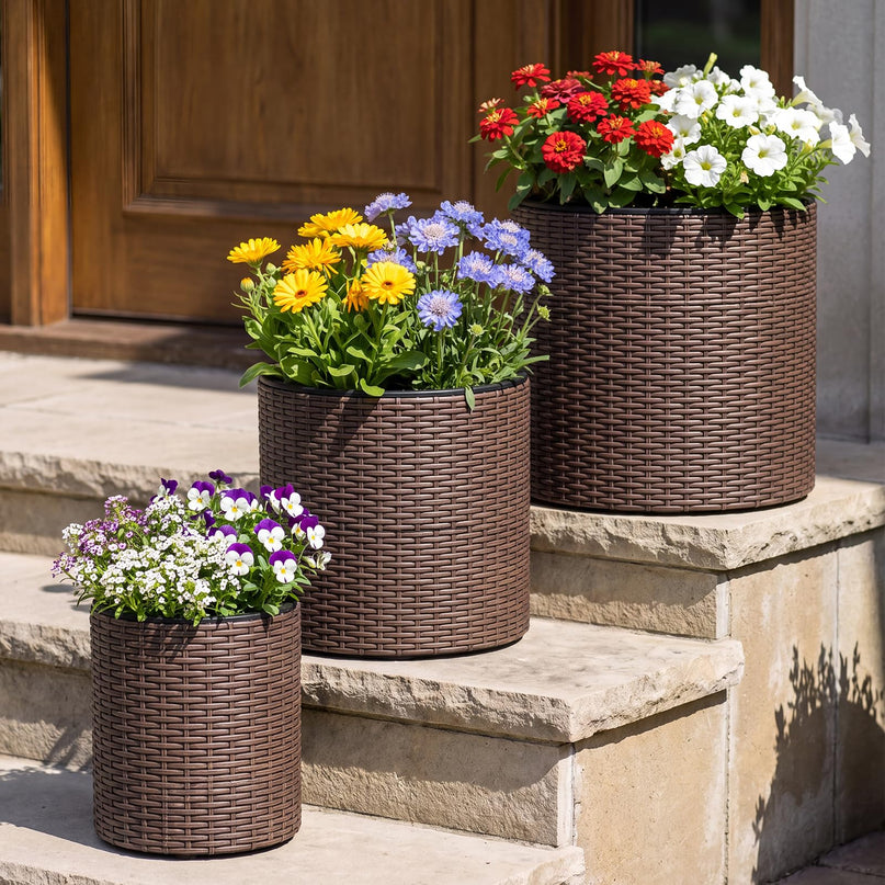 GIANTEX Set of 3 Rattan Round Flower Pot Set