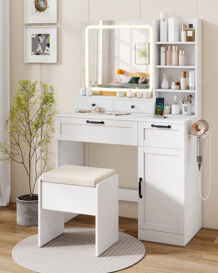 CHARMAID Makeup Vanity Table with Charging Station | White Bedroom Dressing Table with Chair