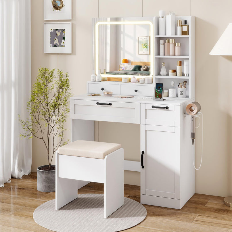 CHARMAID Makeup Vanity Table with Charging Station | White Bedroom Dressing Table with Chair