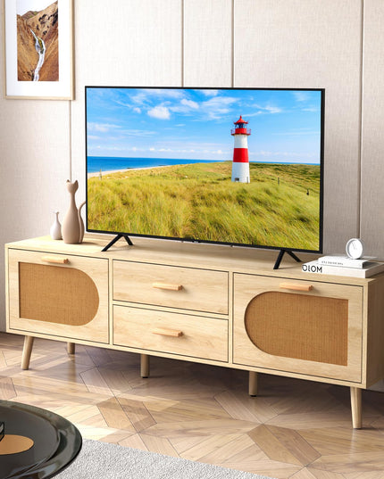 Giantex Rattan TV Stand for TVs up to 65 Inch, 59" TV Console Cabinet with Drawers & Solid Wood Legs
