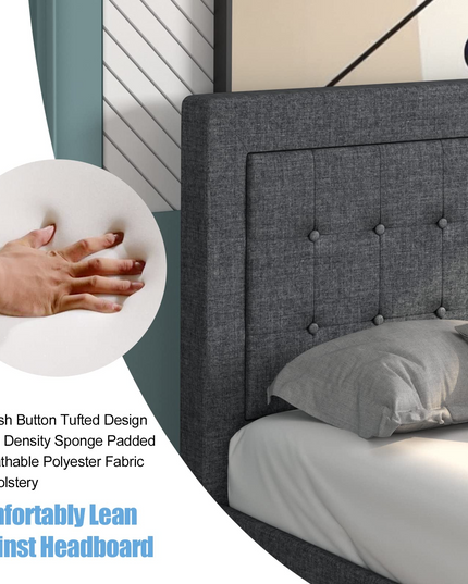 Modern Platform Bed w/Button Tufted Headboard | Upholstered Bed Frame