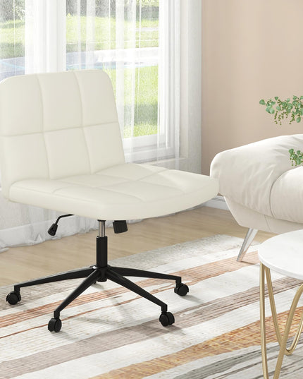 Giantex Criss Cross Chair with Wheels, PU Leather Cross Legged Office Chair, Height-adjustable Swivel Vanity Chair