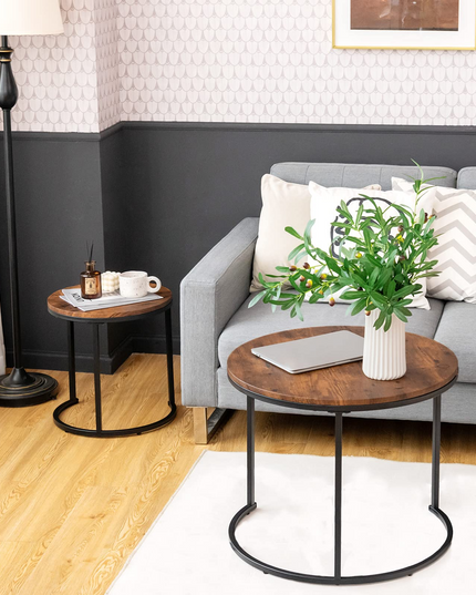 Nesting Coffee Table Set of 2, Round Stacking Side Tables w/Wooden Tabletop & Steel Frame