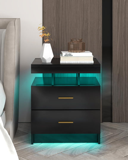Giantex LED Nightstand, Modern Black Bedside Tables with 2 Storage Drawers
