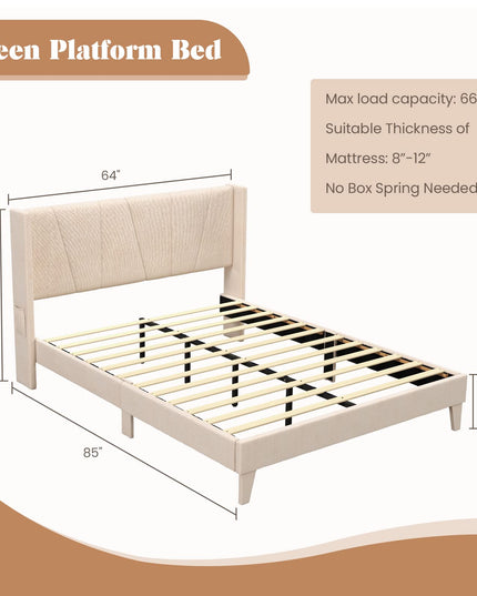 Giantex Queen/Full Bed Frame with Geometric Wingback Headboard, Modern Beige Bed