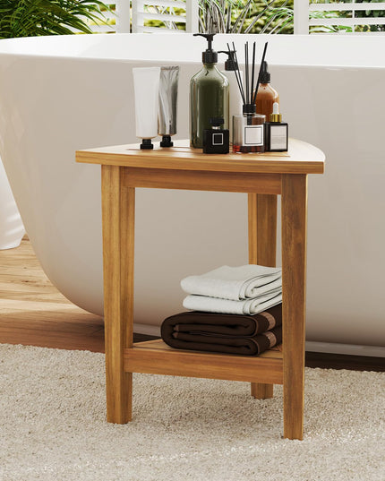 Giantex Corner Shower Bench - Teak Wood Shower Stool with Storage Shelf
