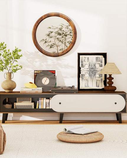 Meuble TV moderne Mid-Century Giantex avec armoire de rangement et porte coulissante pour téléviseur de 75/80 pouces
