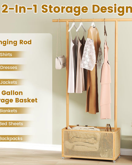 Portant à vêtements roulant en bambou Giantex avec panier de rangement en rotin pour couloir, salon, chambre à coucher