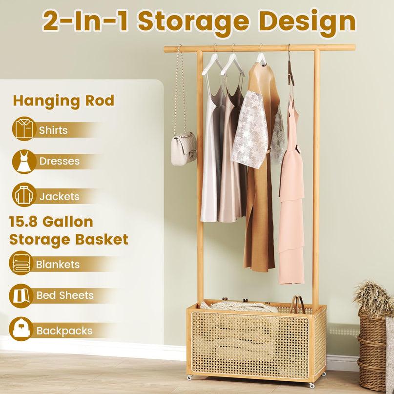 Giantex Bamboo Rolling Garment Rack with Rattan Storage Basket for Hallway Living Room Bedroom