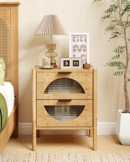 Giantex Bamboo Nightstand, Mid-Century Modern Bedside Table with 2 Storage Drawers & Tempered Glass