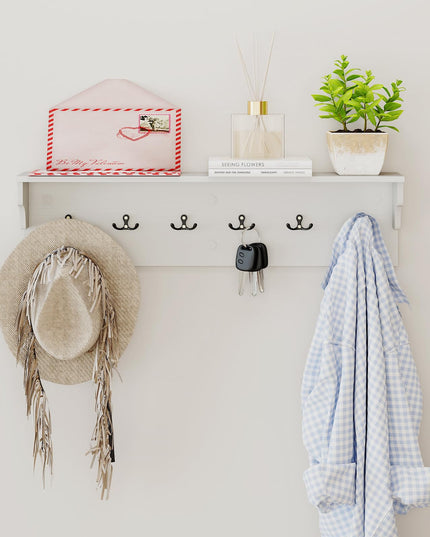 Porte-manteau mural Giantex avec étagère 80cm en bois, 6 patères pour chapeaux, serviettes, sacs à main et peignoirs