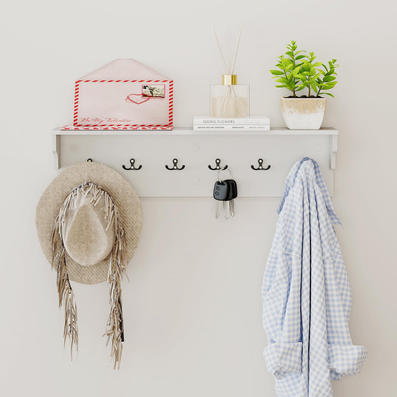 Giantex Wall Hooks with Shelf 31.5inch Wooden Coat Rack with 6 Hooks for Hats Towels Purses Robes