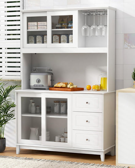 Giantex 73" Kitchen Pantry Storage Cabinet, Hutch Cabinet with LED Lights & Power Outlet, Kitchen Buffet Cabinet w/Wine Glass Racks