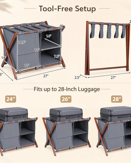 GIANTEX 27" Folding Bamboo Luggage Rack with 3 Storage Compartments (1/2)