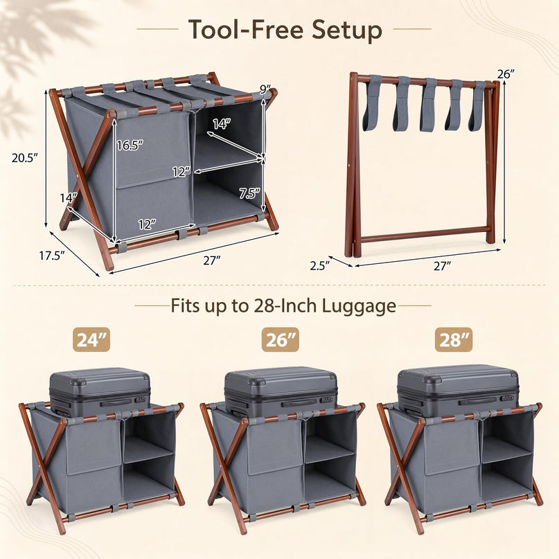 GIANTEX 27" Folding Bamboo Luggage Rack with 3 Storage Compartments (1/2)