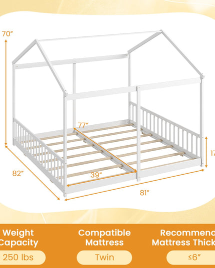 Giantex Double Twin Floor Beds for 2 Kids, Wood Twin Size House Beds with Safety Guardrails, White