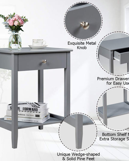 Nightstand Wooden 2-Tier Couch Sofa Side Table with Drawer, End Table