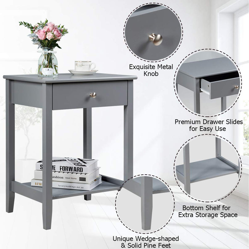 Nightstand Wooden 2-Tier Couch Sofa Side Table with Drawer, End Table