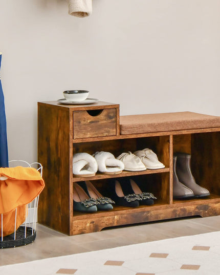 Giantex Industrial Shoe Storage Bench - Entryway Shoe Bench with Removable Cushion, Storage Drawer, Rustic Brow