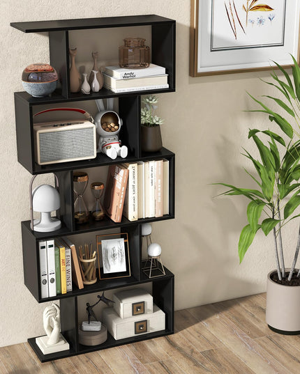 Giantex 5-Tier Geometric Bookshelf, 62.5" Tall Wood S-Shaped Bookcase with Anti-Tipping Device