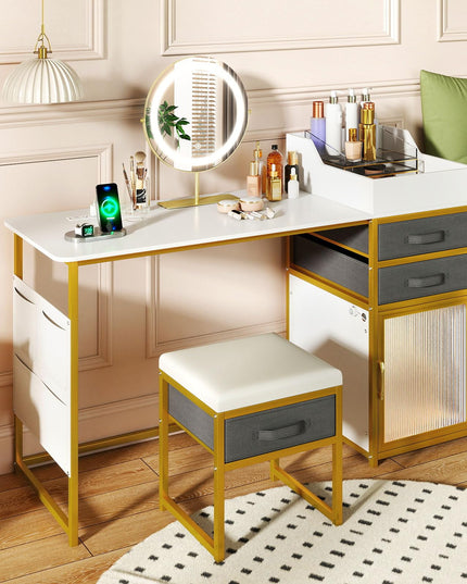 Coiffeuse avec miroir LED et meuble cannelé éclairé