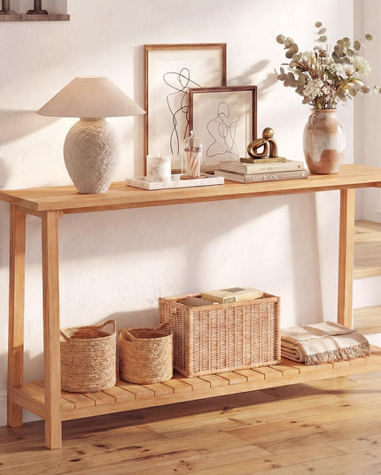 Console étroite Giantex à 2 niveaux avec cadre en teck et étagère de rangement (71" x 12" x 31")
