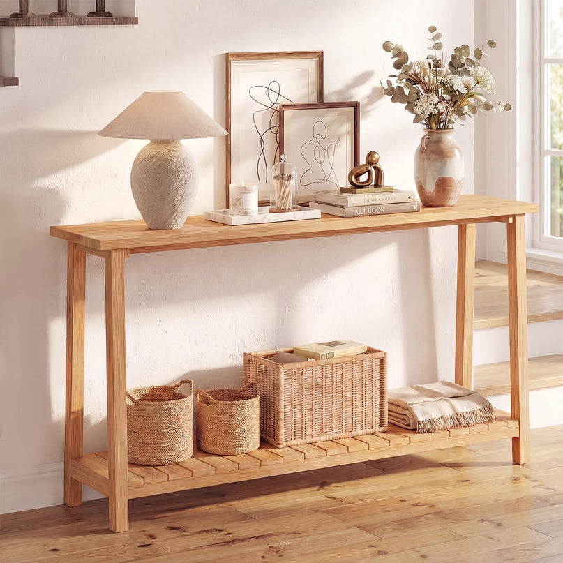 Console étroite Giantex à 2 niveaux avec cadre en teck et étagère de rangement (71" x 12" x 31")