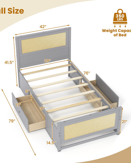 Cadre de lit double/complet en rotin Giantex avec 2 tiroirs de rangement, tête de lit et pied de lit
