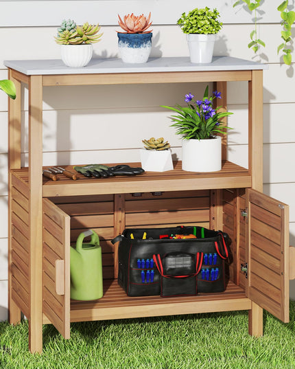 Giantex Outdoor Potting Bench with 2 Door Storage Cabinet