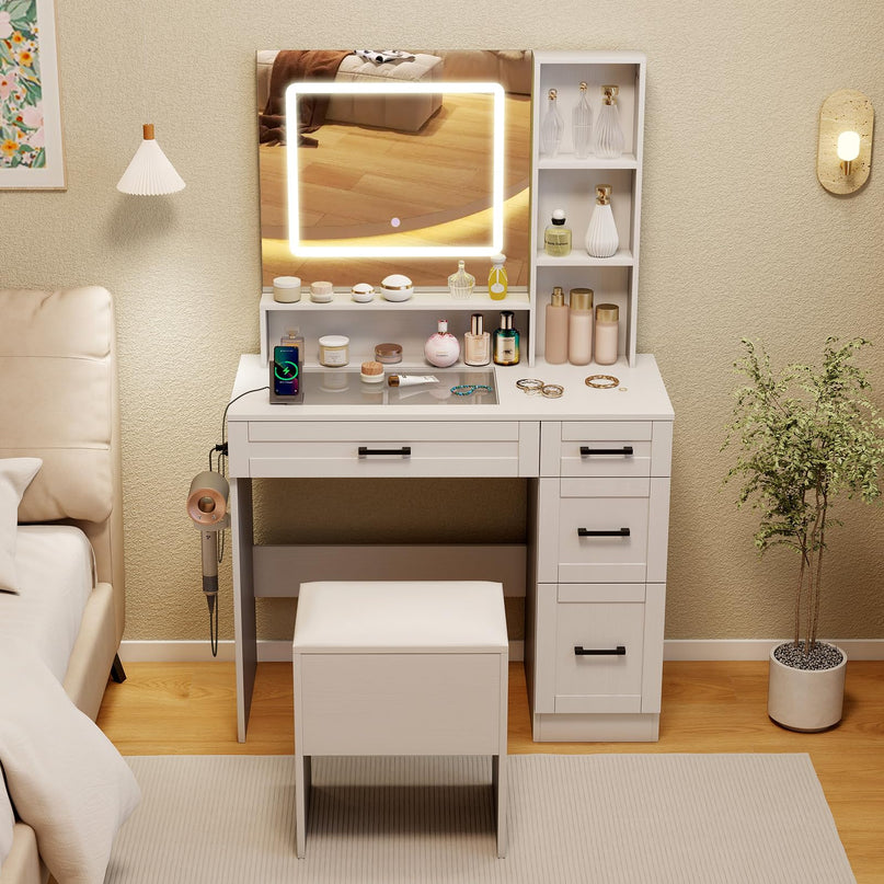 Vanity Desk with Mirror and Lights for Bedroom