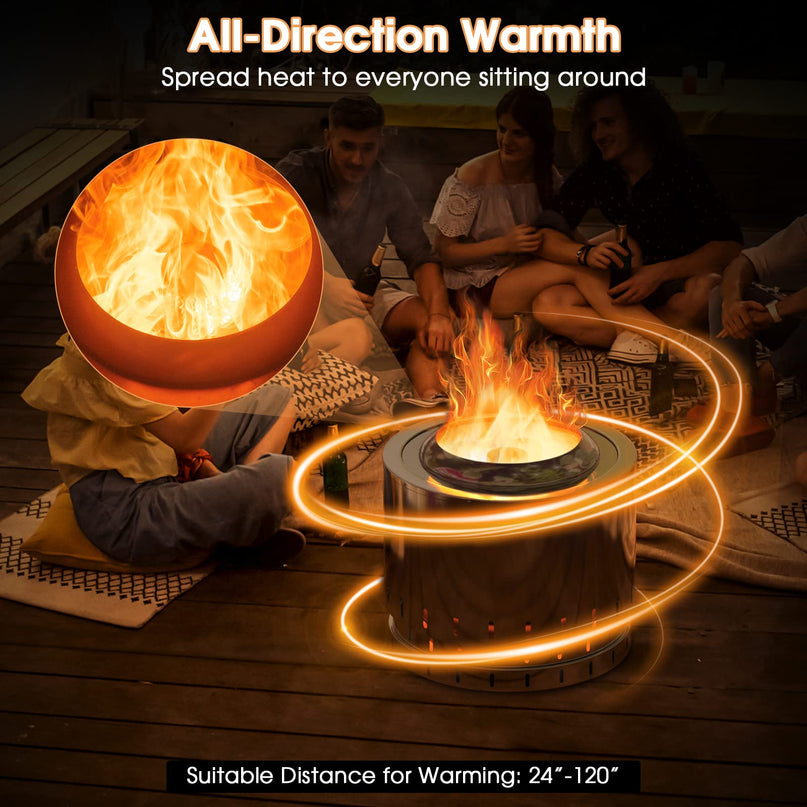Giantex Smokeless Fire Pit for Outside - 19.5 Inch Stainless Steel Wood Burning Firepit with Protective Cover
