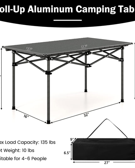 Giantex Folding Camping Table for 4-6 People, Roll-Up Lightweight Picnic Table with Large Aluminum Tabletop & Carrying Bag (Black)
