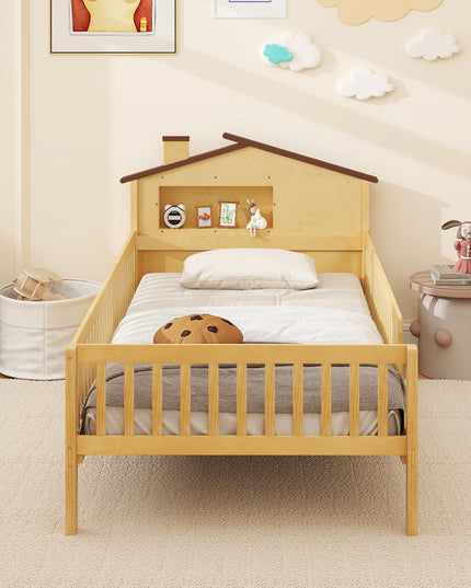 Giantex Twin Bed Frames for Kids, Solid Wood Montessori Bed with House-Shaped Headboard & Built-in Storage Shelf