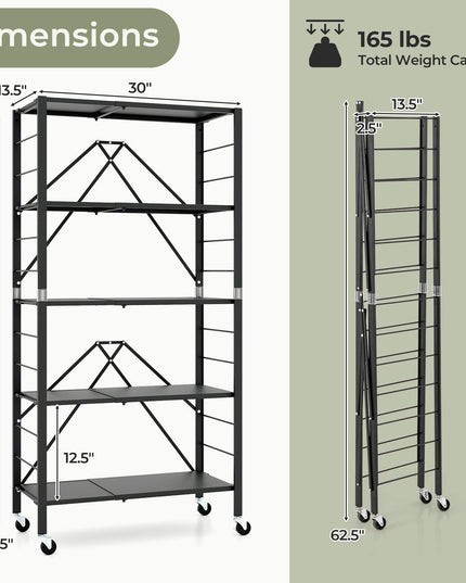 Giantex 5-Tier Foldable Storage Shelf with Wheels Set of 1/2, Collapsible Shelving Unit with Adjustable Shelves