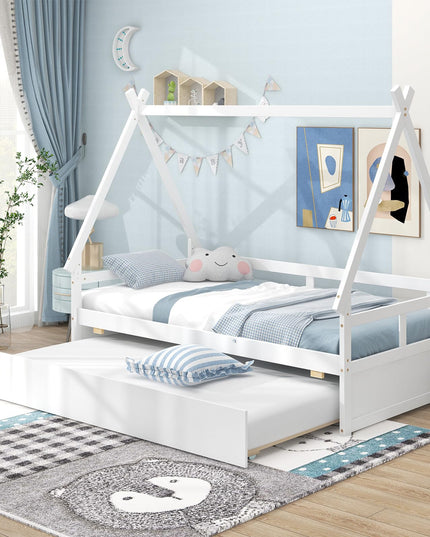Giantex Twin House Bed with Trundle, Wood Montessori Tent Bed Frame with Safety Guardrail