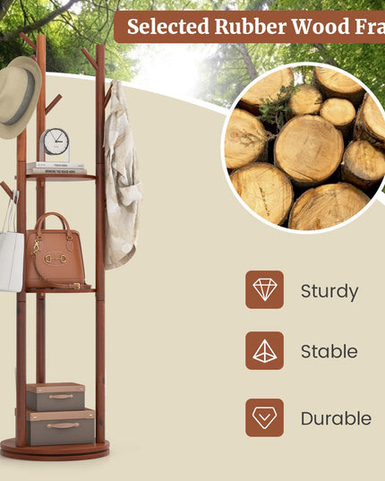 Giantex Coat Rack Freestanding, Wooden Rotary Coat Tree w/ 3 Display Storage Shelves & 9 Hooks