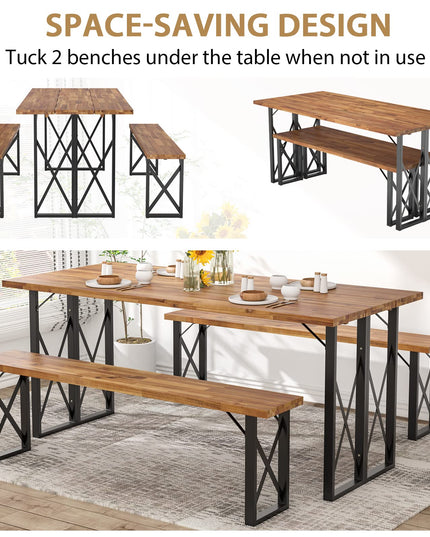 Giantex Outdoor Picnic Table Set with 2 Benches, Acacia Wood Patio Dining Table Set for 6 or 4 Persons, with 2” Umbrella Hole
