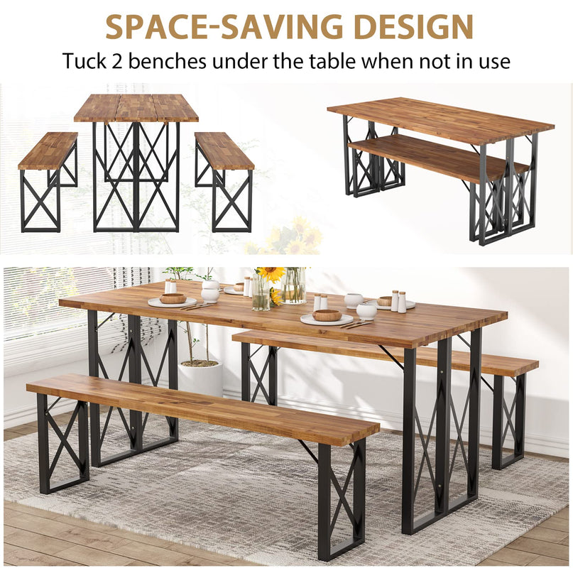 Giantex Outdoor Picnic Table Set with 2 Benches, Acacia Wood Patio Dining Table Set for 6 or 4 Persons, with 2” Umbrella Hole