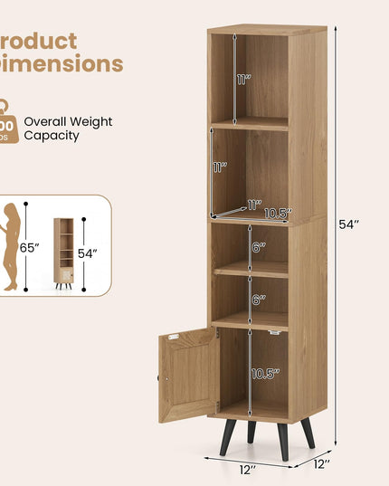 Giantex Bibliothèque Haute et Étroite à 6 Niveaux | Meuble de Rangement Mince de 137 cm avec Étagère Réglable et Porte en Rotin Style Bohème