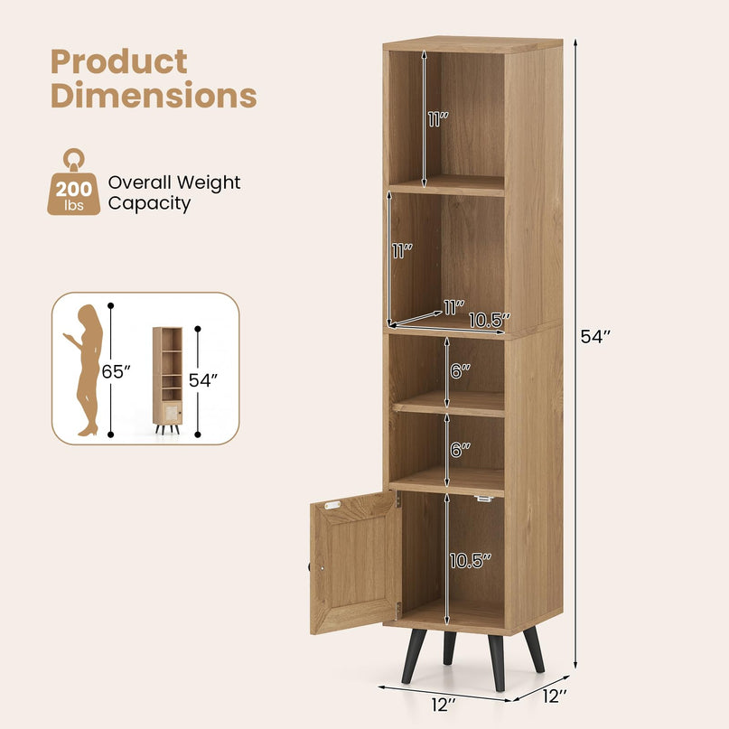 Giantex Bibliothèque Haute et Étroite à 6 Niveaux | Meuble de Rangement Mince de 137 cm avec Étagère Réglable et Porte en Rotin Style Bohème
