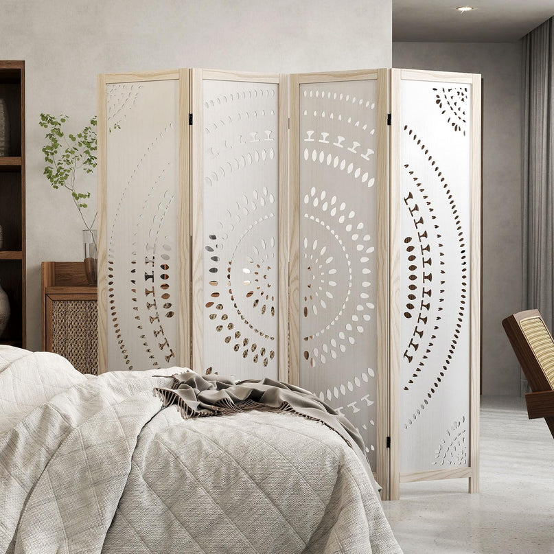 Giantex Room Divider 4 Panels - 66'' Boho Room Dividers with Carved Pattern & Solid Wood Frame