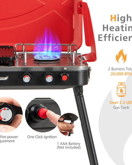 Giantex 2-in-1 Gas Camping Grill and Stove, Portable Propane Grill Burner, Gas Hose with Regulator, 20,000 Total BTUs (Red)