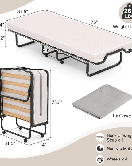 Giantex Folding Bed with Mattress, 75x31 Cot Size Bed Frame, Roll Away Beds with Mattresses for Adults