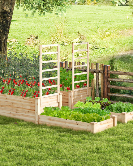 Giantex Raised Garden Bed with Trellis, Set of 2 Wood Shallow & Deep Planter Box for Climbing Plants